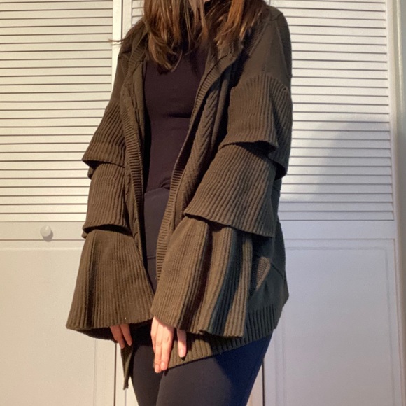 Olive Green Cardigan with Ruffle Sleeves - Picture 3 of 5